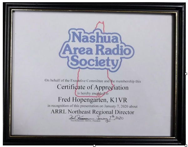 Nashua Area Radio Society certificate of appreciation